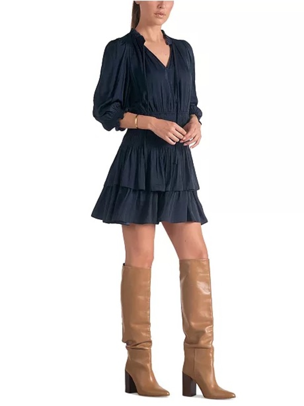 Elan Smocked-Waist Tiered-Skirt Mini Dress Navy Blue S